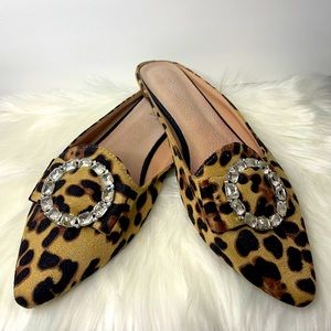 Taomengsi | Cheetah Print Mule Flats with Decorative Rhinestone Broach